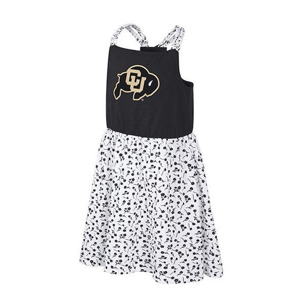 The dress is black on top with a CU Buffalo logo on the front. The straps and skirt have a black floral pattern over white fabric.
